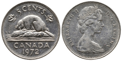 КАНАДА 5 ЦЕНТОВ 1972 БОБЕР, ЕЛИЗАВЕТА II KM 60.1 никель 4364-132