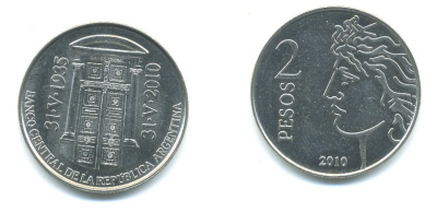 Аргентина 2 песо 2010 75 лет Центральному Банку KM 162 медно-никель UNC 36-113