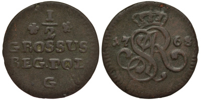 Польша 1/2 гроша (полугрош) 1768 G, Станислав Август Понятовский (1764-1795), вес 1,96 гр. KM 175.1 (С34) медь 1516-1222