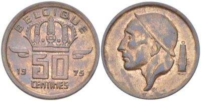БЕЛЬГИЯ 50 САНТИМОВ 1975 BELGIQUE, БОДУЭН I (1951-1993) KM 148.1 бронза 214-462