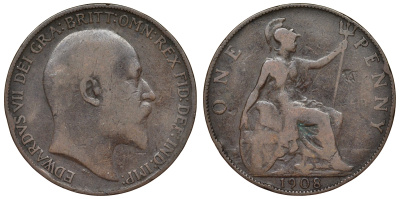 Великобритания 1 пенни 1908 Эдуард VII (1901-1910) KM 794.2, Spink 3990 бронза 71-1146