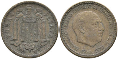 ИСПАНИЯ 1 ПЕСЕТА 1953 ФРАНСИСКО ФРАНКО ДИКТАТОР ИСПАНИИ (1939-1975) KM 775 алюминиевая бронза 110-1134