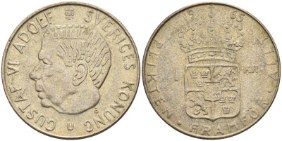 Швеция 1 крона 1964 U, Густав VI Адольф (1950-1973) KM 826 серебро 4592-214