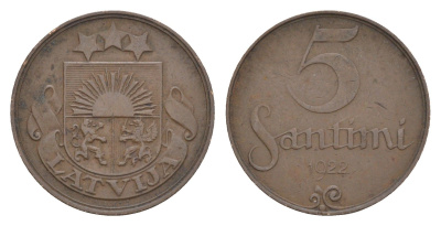 Латвия 5 сантимов 1922 KM 3 бронза 4658-1153