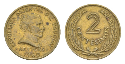 Уругвай 2 сентесимо 1960 KM 37 никель латунь 4643-769