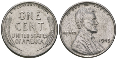 США 1 цент 1943 Авраам Линкольн KM 132 a сталь покрытая цинком aUNC 4580-467