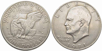 США 1 доллар 1971 D, Президент Эйзенхауэр, лунный орел KM 203 медь плакированная медно-никелем 79-913