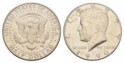 США 1/2 доллара (50 центов) 1990 D, Джон Кеннеди KM A202b медь плакированная медно-никелем aUNC 4367-1026