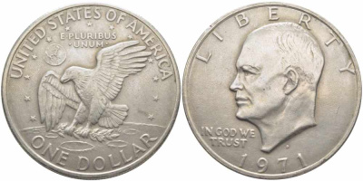 США 1 доллар 1971 D, Президент Эйзенхауэр, лунный орел KM 203 медь плакированная медно-никелем 79-913