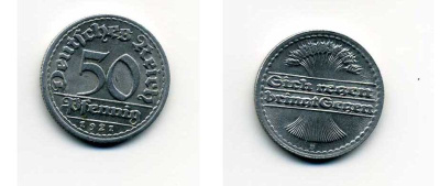 ГЕРМАНИЯ 50 ПФЕННИГОВ 1921 D KM 27, J. 301 алюминий 29-325