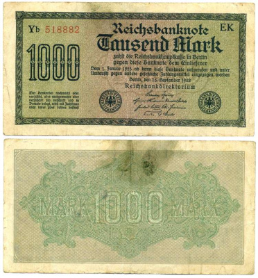 ГЕРМАНИЯ 1000 МАРОК 1922 15 СЕНТЯБРЯ 1922, ВОДЯНОЙ ЗНАК H, БЕЛАЯ БУМАГА Pick 76f бумага 444-4-1