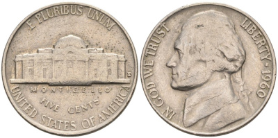 США 5 центов 1960 D, Джефферсон KM А192 медно-никель 92-1042