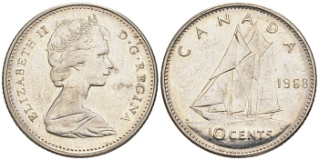 Канада 10 центов 1968 Елизавета II, парусник, ФИЛАДЕЛЬФИЯ KM 73 никель aUNC 188-147