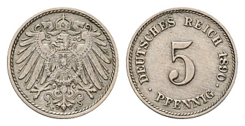 Германия 5 пфеннигов 1890 E, Вильгельм II (1888-1918) KM 11, J. 12 медно-никель 54-414