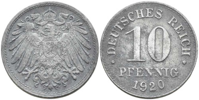 ГЕРМАНИЯ 10 ПФЕННИГОВ 1920 KM 26, J. 299 цинк 4401-144