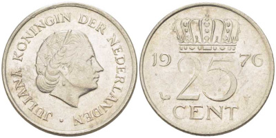 НИДЕРЛАНДЫ 25 ЦЕНТОВ 1976 ЮЛИАНА (1948-1980) KM 183 никель 214-1112