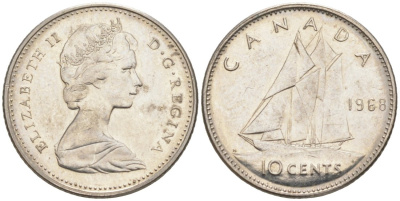 Канада 10 центов 1968 Елизавета II, парусник, ФИЛАДЕЛЬФИЯ KM 73 никель aUNC 188-147