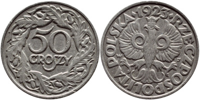 Польша 50 грошей 1923 Республика KM 13, Parchimowicz 106 никель 3459-122