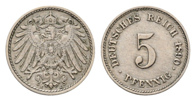 Германия 5 пфеннигов 1890 E, Вильгельм II (1888-1918) KM 11, J. 12 медно-никель 54-414