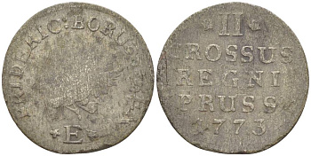 Польша, Восточная Пруссия 2 гроша 1773 Е, Фридрих II Прусский (1740-1786), вес 1,38 гр., монетный двор Кенигсберг KM 14 серебро 1517-1224