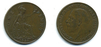 Великобритания 1 пенни 1927 Георг V (1910-1936) КМ 826, Spink 4054 бронза 37-1241