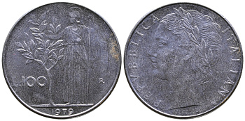 ИТАЛИЯ 100 ЛИР 1979 R, АФИНА KM 96.1 нержавеющая сталь 4382-225