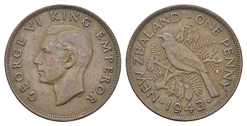 Новая Зеландия 1 пенни 1943 Георг VI (1936-1952), новозеландский туи KM 13 бронза  4403-1026