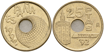 Испания 25 песет 1992 золотая башня в Севилье, EXPO 1992, Хуан Карлос I (1975-2014) KM 905 никель-бронза 4598-1211