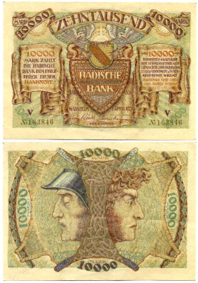 МАНГЕЙМ 10000 МАРОК 1923 НОТГЕЛЬД, 1 АПРЕЛЯ 1923, ЗЕМЛЯ БАДЕН-ВЮРТЕМБЕРГ бумага 7146-20-1-1