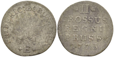 Польша, Восточная Пруссия 2 гроша 1773 Е, Фридрих II Прусский (1740-1786), вес 1,38 гр., монетный двор Кенигсберг KM 14 серебро 1517-1224