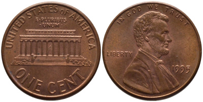США 1 ЦЕНТ 1995 ЛИНКОЛЬН KM 201b цинк плакированный медью 66-1053