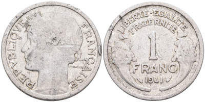 ФРАНЦИЯ 1 ФРАНК 1941 ПЕРВЫЙ ГОД KM 885а.1 алюминий 4589-554
