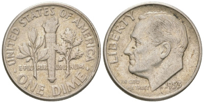 США 10 центов (дайм) 1953 президент Рузвельт KM 195 серебро 4564-533