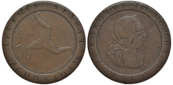 ОСТРОВ МЭН 1/2 ПЕННИ 1813 ГЕОРГ III KM 10 медь 650-131