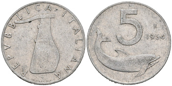 Италия 5 лир 1954 R, руль, дельфин KM 92 алюминий 4567-345