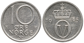 НОРВЕГИЯ 10 ЭРЕ 1985 УЛАФ V (1957-1991) KM 416 медно-никель 100-1216