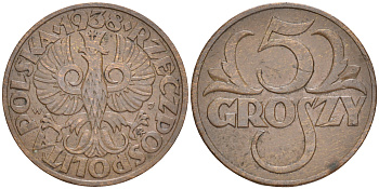 ПОЛЬША 5 ГРОШЕЙ 1938 w KM 10а бронза 4516-1144