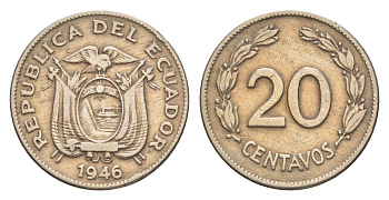 Эквадор 20 сентаво 1946 KM 77.1b медно-никель 4640-1224