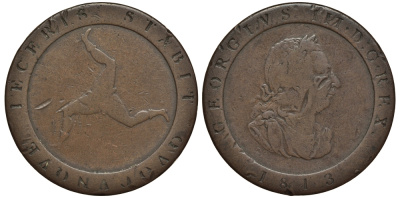 ОСТРОВ МЭН 1/2 ПЕННИ 1813 ГЕОРГ III KM 10 медь 650-131