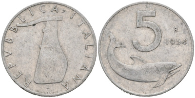 Италия 5 лир 1954 R, руль, дельфин KM 92 алюминий 4567-345