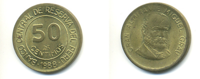ПЕРУ 50 СЕНТИМО 1988 LIMA, МАНУЭЛЬ ГРАУ KM 295 латунь 89-1433