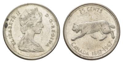 Канада 25 центов 1967 пума, 100 лет Конфедерации Канада, Ссеребро 0.800, вес 5,83 гр, диаметр 23,88 мм KM 67 серебро 4622-914