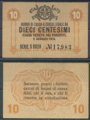 Италия 10 чентезимо 1918 	Венецианский ссудный банк Pick M2 бумага aUNC 7554-4-1-2