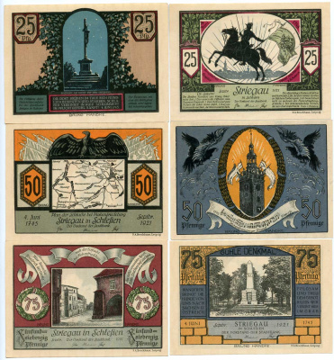 Германия, Стригау лот из 6 бон 25, 50 и 75 пфеннигов 1921 полководцы Grabowski 1284.1  бумага  UNC (пресс) 7555-15-3-2