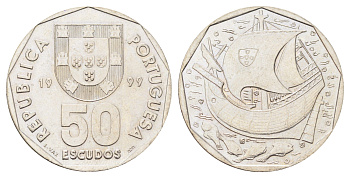 Португалия 50 эскудо 1999 парусник KM 636 медно-никель 4185-1043