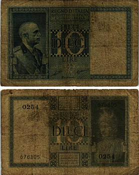 Италия 10 лир 1935 Король Виктор Эммануил III Rosi Bernardini Pick 25a бумага 7484-5-1