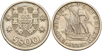 Португалия 5 эскудо 1975 парусник KM 591 медно-никель    4161-756
