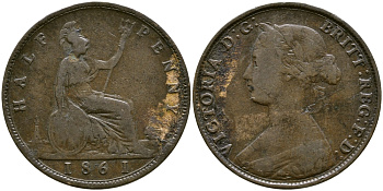 Великобритания 1/2 пенни 1861 Виктория (1837-1901) KM 748.2, Spink 3956 бронза 3999-742