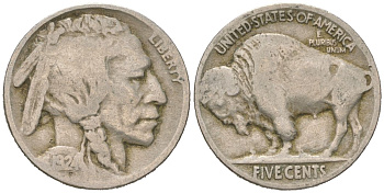 США 5 центов 1924 индеец, бизон KM 134 медно-никель 4614-1057