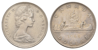 Канада 1 доллар 1968 Елизавета II (1952-2022), каноэ KM 76.1 никель 4565-913